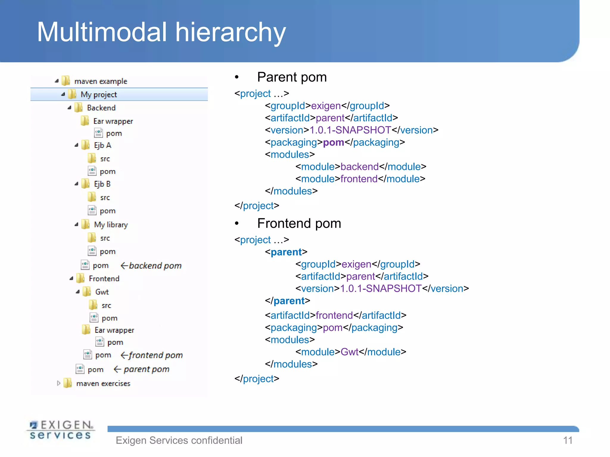 Multimodal hierarchy
                                •    Parent pom
                                <project …>
                                       <groupId>exigen</groupId>
                                       <artifactId>parent</artifactId>
                                       <version>1.0.1-SNAPSHOT</version>
                                       <packaging>pom</packaging>
                                       <modules>
                                              <module>backend</module>
                                              <module>frontend</module>
                                       </modules>
                                </project>
                                •    Frontend pom
                                <project …>
                                       <parent>
                                              <groupId>exigen</groupId>
                                              <artifactId>parent</artifactId>
                                              <version>1.0.1-SNAPSHOT</version>
                                       </parent>
                                       <artifactId>frontend</artifactId>
                                       <packaging>pom</packaging>
                                       <modules>
                                              <module>Gwt</module>
                                       </modules>
                                </project>




      Exigen Services confidential                                                11
 