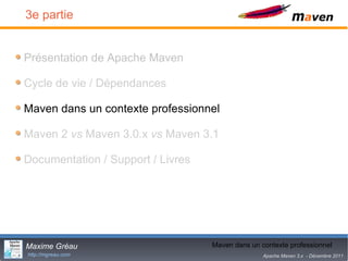 3e partie


Présentation de Apache Maven

Cycle de vie / Dépendances

Maven dans un contexte professionnel

Maven 2 vs Maven 3.0.x vs Maven 3.1

Documentation / Support / Livres




Maxime Gréau                       Maven dans16 contexte professionnel
                                              un
http://mgreau.com                                Apache Maven 3.x - Décembre 2011
 