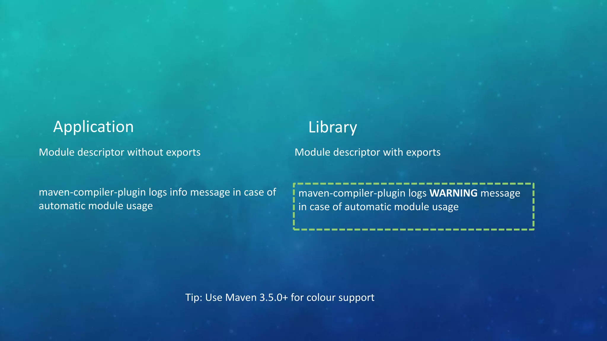 Application
Module descriptor without exports
maven-compiler-plugin logs info message in case of
automatic module usage
Library
Module descriptor with exports
Tip: Use Maven 3.5.0+ for colour support
maven-compiler-plugin logs WARNING message
in case of automatic module usage
 