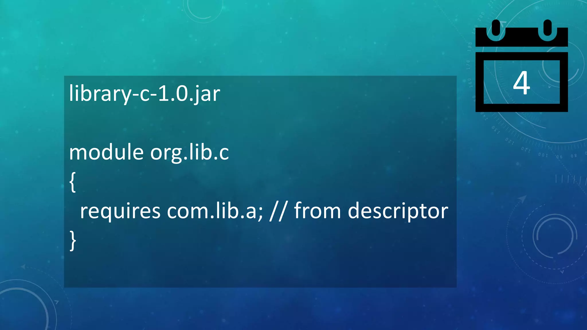 4library-c-1.0.jar
module org.lib.c
{
requires com.lib.a; // from descriptor
}
 