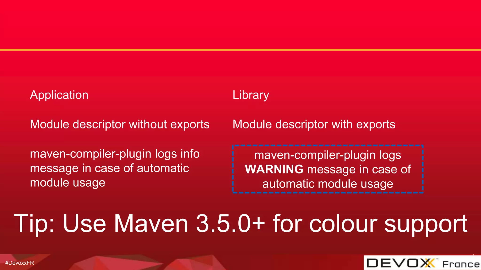 #DevoxxFR
Application
Module descriptor without exports
maven-compiler-plugin logs info
message in case of automatic
module usage
Library
Module descriptor with exports
Tip: Use Maven 3.5.0+ for colour support
maven-compiler-plugin logs
WARNING message in case of
automatic module usage
 