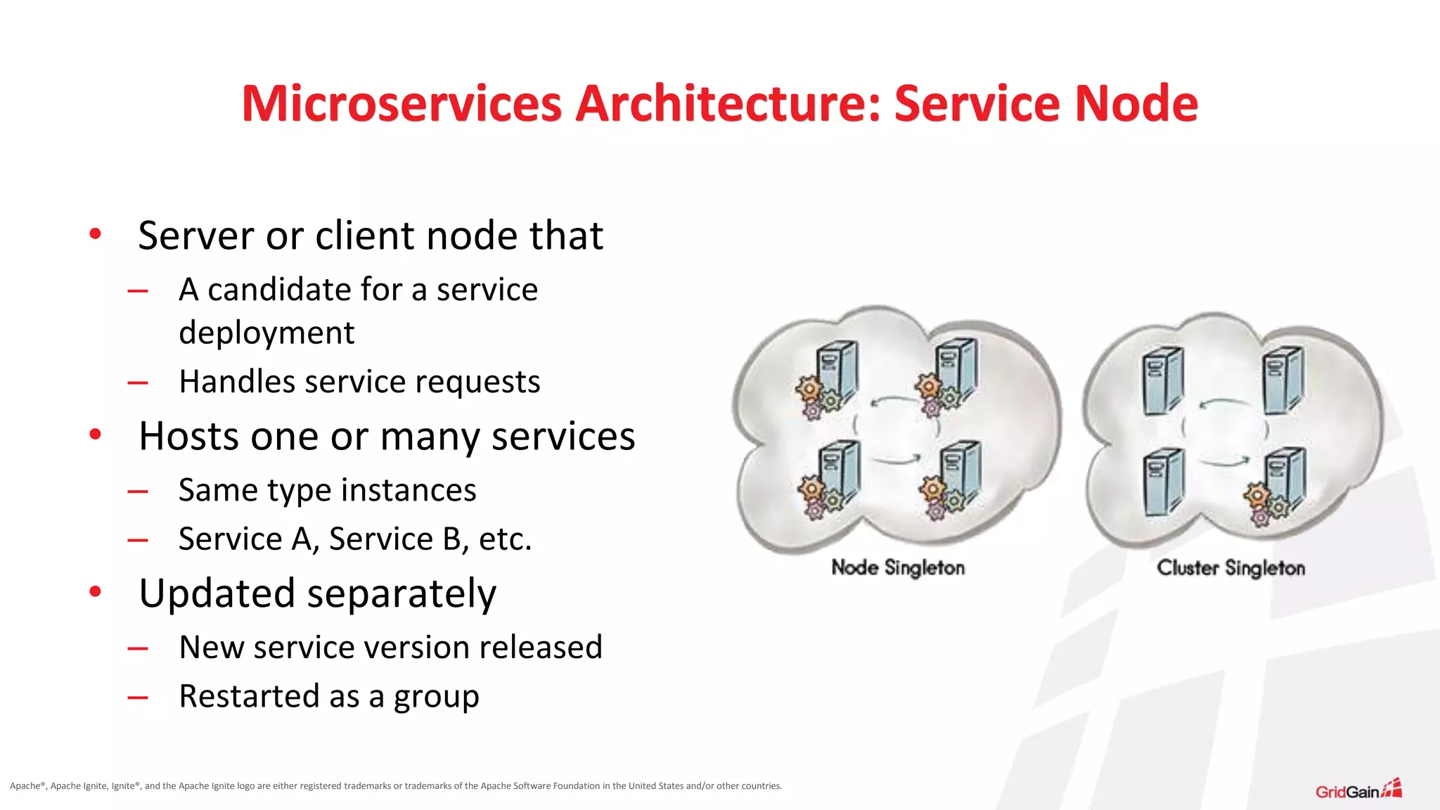 Apache®, Apache Ignite, Ignite®, and the Apache Ignite logo are either registered trademarks or trademarks of the Apache Software Foundation in the United States and/or other countries. Microservices Architecture: Service Node • Server or client node that – A candidate for a service deployment – Handles service requests • Hosts one or many services – Same type instances – Service A, Service B, etc. • Updated separately – New service version released – Restarted as a group 