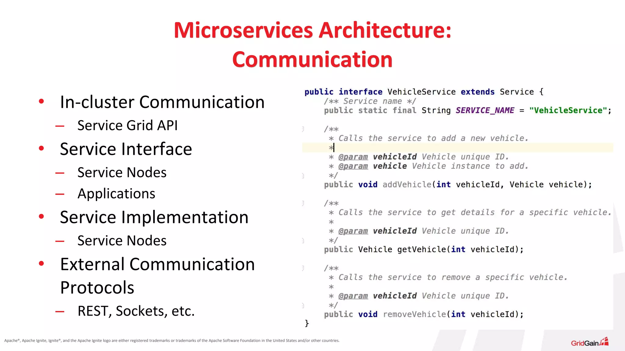 Apache®, Apache Ignite, Ignite®, and the Apache Ignite logo are either registered trademarks or trademarks of the Apache Software Foundation in the United States and/or other countries. Microservices Architecture: Communication • In-cluster Communication – Service Grid API • Service Interface – Service Nodes – Applications • Service Implementation – Service Nodes • External Communication Protocols – REST, Sockets, etc. 
