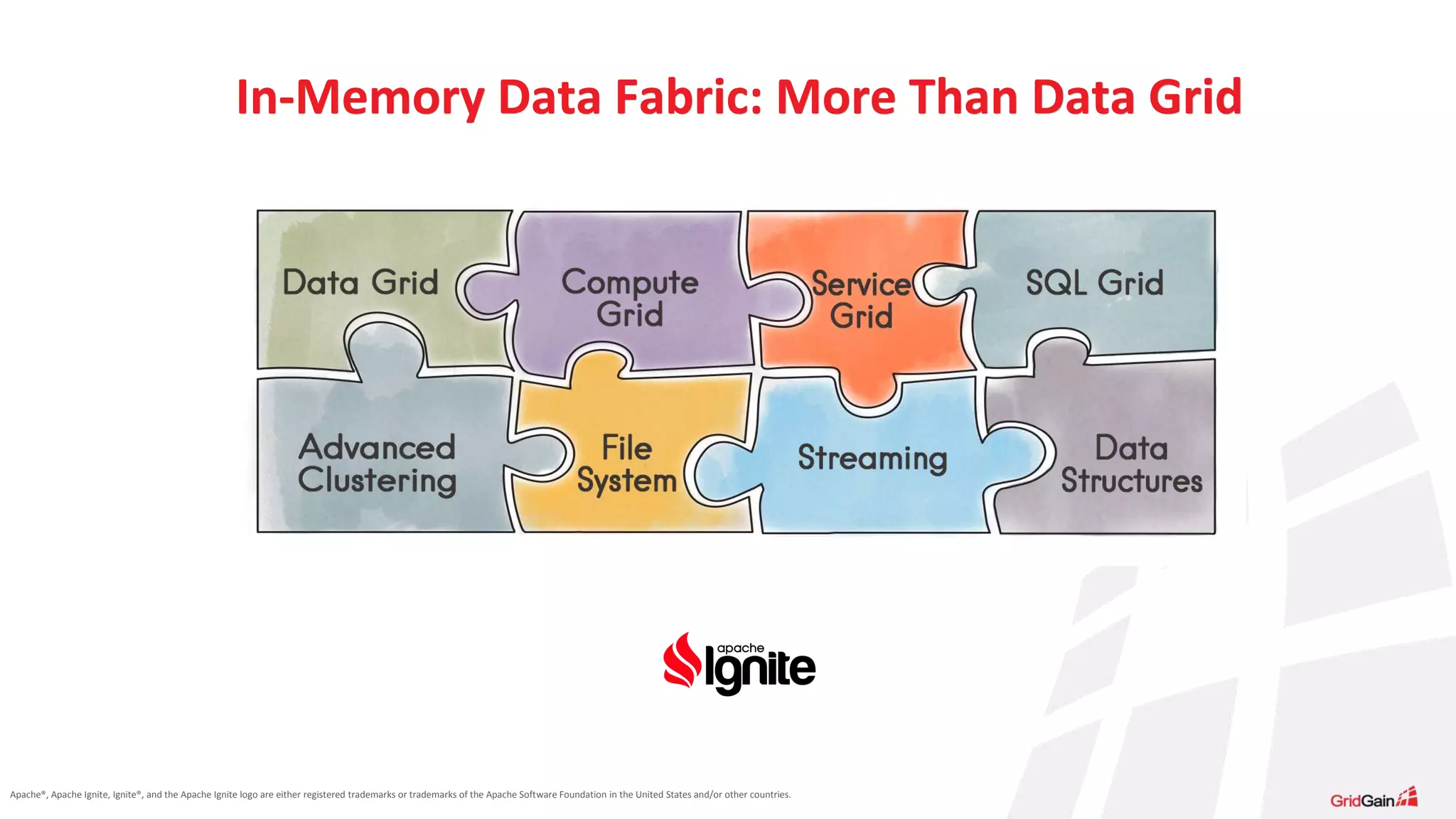 Apache®, Apache Ignite, Ignite®, and the Apache Ignite logo are either registered trademarks or trademarks of the Apache Software Foundation in the United States and/or other countries. In-Memory Data Fabric: More Than Data Grid 