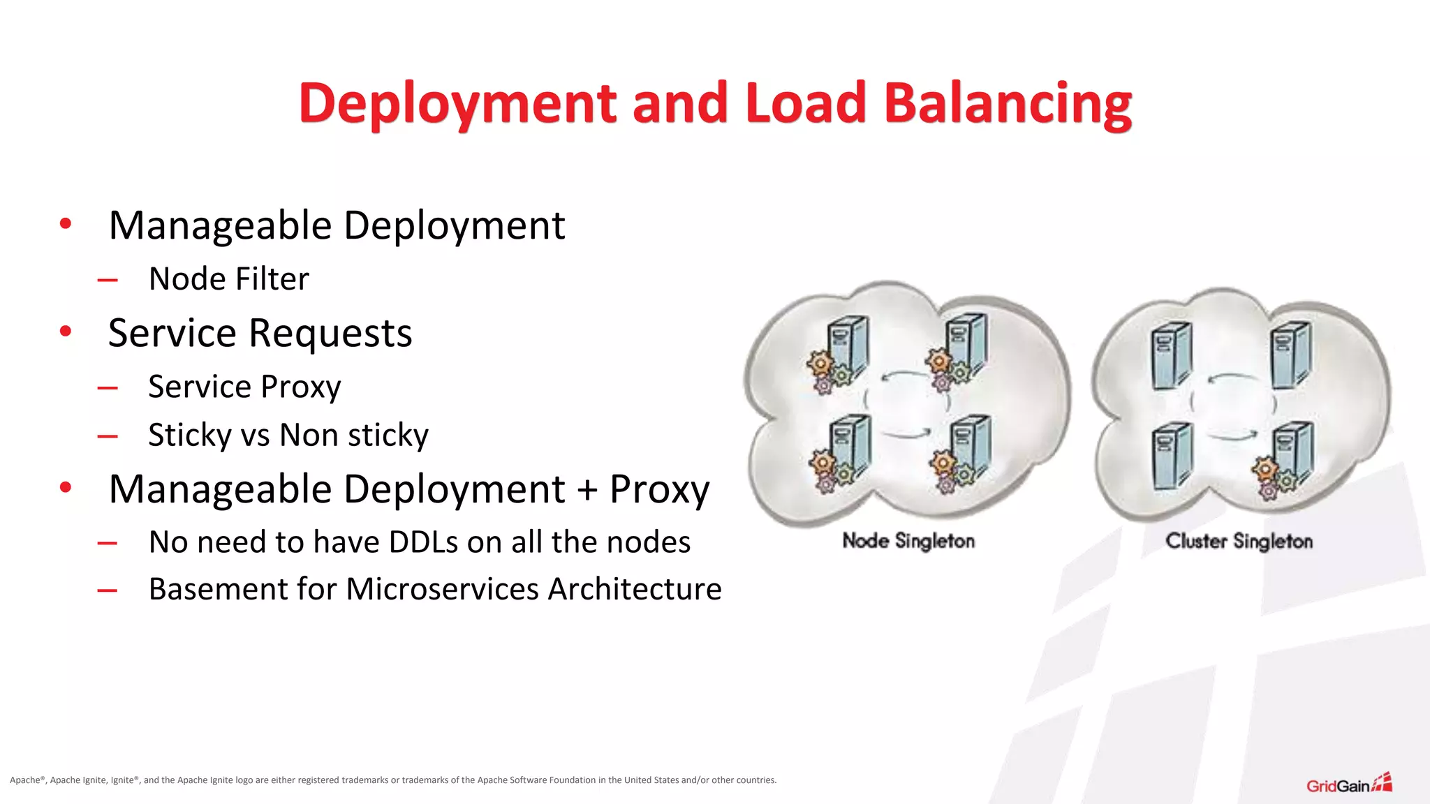 Apache®, Apache Ignite, Ignite®, and the Apache Ignite logo are either registered trademarks or trademarks of the Apache Software Foundation in the United States and/or other countries. Deployment and Load Balancing • Manageable Deployment – Node Filter • Service Requests – Service Proxy – Sticky vs Non sticky • Manageable Deployment + Proxy – No need to have DDLs on all the nodes – Basement for Microservices Architecture 