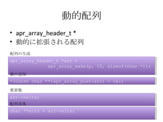 動的配列 <ul><li>apr_array_header_t * </li></ul><ul><li>動的に拡張される配列 </li></ul>apr_array_header_t *arr =  apr_array_make(p, 10, ...