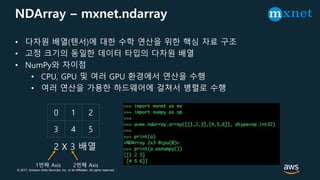 © 2017, Amazon Web Services, Inc. or its Affiliates. All rights reserved.
NDArray – mxnet.ndarray
• 다차원 배열(텐서)에 대한 수학 연산을 위한 핵심 자료 구조
• 고정 크기의 동일한 데이터 타입의 다차원 배열
• NumPy와 차이점
• CPU, GPU 및 여러 GPU 환경에서 연산을 수행
• 여러 연산을 가용한 하드웨어에 걸쳐서 병렬로 수행
0 1 2
3 4 5
2 X 3 배열
1번째 Axis 2번째 Axis
 