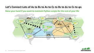 ©	Hortonworks	Inc.	2011–2018.	All	rights	reserved10
Raise	your	hand	if	you	want	to	maintain	Python	scripts	for	the	rest	of	your	life
Let’s	Connect	Lots	of	As	to	Bs	to	As	to	Cs	to	Bs	to	Δs	to	Cs	to	ϕs
 