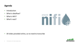 ©	Hortonworks	Inc.	2011–2018.	All	rights	reserved3
Agenda
• Introduction	
• What	is	dataflow?	
• What	is	NiFi?	
• What’s	next?	
• All	slides	provided	online,	so	no	need	to	transcribe
 
