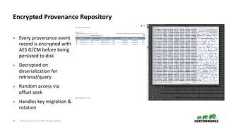 © Hortonworks Inc. 2011–2019. All rights reserved;29
• Every provenance event
record is encrypted with
AES G/CM before being
persisted to disk
• Decrypted on
deserialization for
retrieval/query
• Random access via
offset seek
• Handles key migration &
rotation
Encrypted Provenance Repository
 