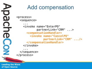 Add compensation
<process>
  <sequence>
    ...
    <invoke name="EnterPO"
            partnerLink="CRM" ...>
      <compensationHandler>
        <invoke name="CancelPO"
                partnerLink="CRM" .../>
      </compensationHandler>
    </invoke>
    ...
  </sequence>
</process>
 