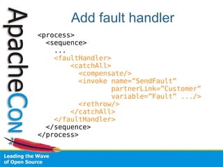 Add fault handler
<process>
  <sequence>
    ...
    <faultHandler>
        <catchAll>
          <compensate/>
          <invoke name=”SendFault”
                  partnerLink=”Customer”
                  variable=”Fault” .../>
          <rethrow/>
        </catchAll>
    </faultHandler>
  </sequence>
</process>
 
