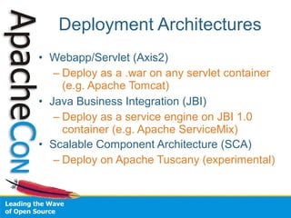 Deployment Architectures
• Webapp/Servlet (Axis2)
   – Deploy as a .war on any servlet container
     (e.g. Apache Tomcat)
• Java Business Integration (JBI)
   – Deploy as a service engine on JBI 1.0
     container (e.g. Apache ServiceMix)
• Scalable Component Architecture (SCA)
   – Deploy on Apache Tuscany (experimental)
 