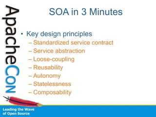 SOA in 3 Minutes

• Key design principles
  – Standardized service contract
  – Service abstraction
  – Loose-coupling
  – Reusability
  – Autonomy
  – Statelessness
  – Composability
 