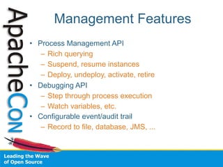 Management Features
• Process Management API
   – Rich querying
   – Suspend, resume instances
   – Deploy, undeploy, activate, retire
• Debugging API
   – Step through process execution
   – Watch variables, etc.
• Configurable event/audit trail
   – Record to file, database, JMS, ...
 
