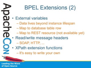 BPEL Extensions (2)
• External variables
  – Data lives beyond instance lifespan
  – Map to database table row
  – Map to REST resource (not available yet)
• Read/write message headers
  – SOAP, HTTP, ...
• XPath extension functions
  – It's easy to write your own
 