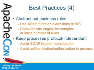 Best Practices (4)
• Abstract out business rules
  – Use XPath function extensions or WS
  – Consider rule engine for complex
    or large number of rules
• Keep processes protocol-independent
  – Avoid SOAP header manipulation
  – Avoid authentication/authorization in process
 
