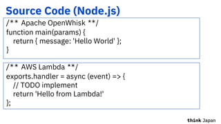 Source Code (Node.js)
/** Apache OpenWhisk **/
function main(params) {
return { message: 'Hello World' };
}
/** AWS Lambda **/
exports.handler = async (event) => {
// TODO implement
return 'Hello from Lambda!'
};
 