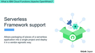 Allows packaging of pieces of a serverless
application into a single project and deploy
it in a vendor-agnostic way.
Serverless
Framework support
What is IBM Cloud Functions (Apache OpenWhisk)?
 