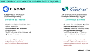 How does IBM Cloud Functions fit into our cloud ecosystem?
• Control over runtime environment (runtimes,
versions, minimal OS).
• Greater reusability and portability of
container images.
• Great fit for bringing containerized apps and
systems to the cloud.
• OS, runtime, and even container lifecycle is
completely abstracted (serverless).
• Autoscales in response to demand, with an
associated granular cost model.
• Great fit for emerging, non-HTTP, event-
driven workloads involving IoT, data,
messages.
• More responsibility over package
configuration (security patches).
• Need to understand distributed systems.
• An emerging computing model, rapid
innovation with less comprehensive and
stable documentation, samples, tools, and
best practices.
Full control over infrastructure
and maximum portability
Auto-scaled, event-driven applications
that respond to a variety of triggers
Containers-as-a-Service Functions-as-a-Service
 
