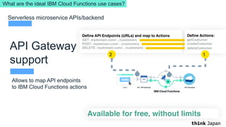 API Gateway
support
Allows to map API endpoints
to IBM Cloud Functions actions
Serverless microservice APIs/backend
Available for free, without limits
Define Actions:
getCostumer
createCostumer
deleteCostumer
Define API Endpoints (URLs) and map to Actions
GET: mydomain.com/…/customers
POST: mydomain.com/…/customers
DELETE: mydomain.com/…/customers
12
What are the ideal IBM Cloud Functions use cases?
IBM Cloud Functions
 