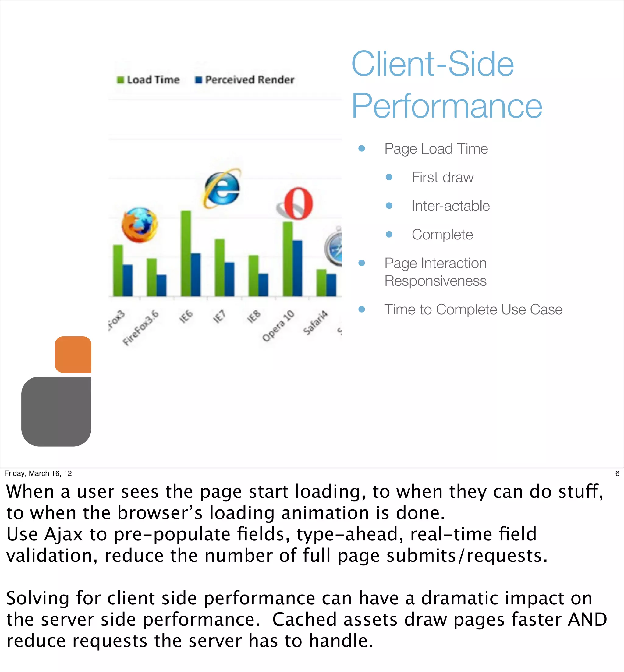 Client-Side
                                      Performance
                                       •   Page Load Time

                                           •   First draw

                                           •   Inter-actable

                                           •   Complete

                                       •   Page Interaction
                                           Responsiveness

                                       •   Time to Complete Use Case




Friday, March 16, 12                                                   6


When a user sees the page start loading, to when they can do stuff,
to when the browser’s loading animation is done.
Use Ajax to pre-populate ﬁelds, type-ahead, real-time ﬁeld
validation, reduce the number of full page submits/requests.

Solving for client side performance can have a dramatic impact on
the server side performance. Cached assets draw pages faster AND
reduce requests the server has to handle.
 