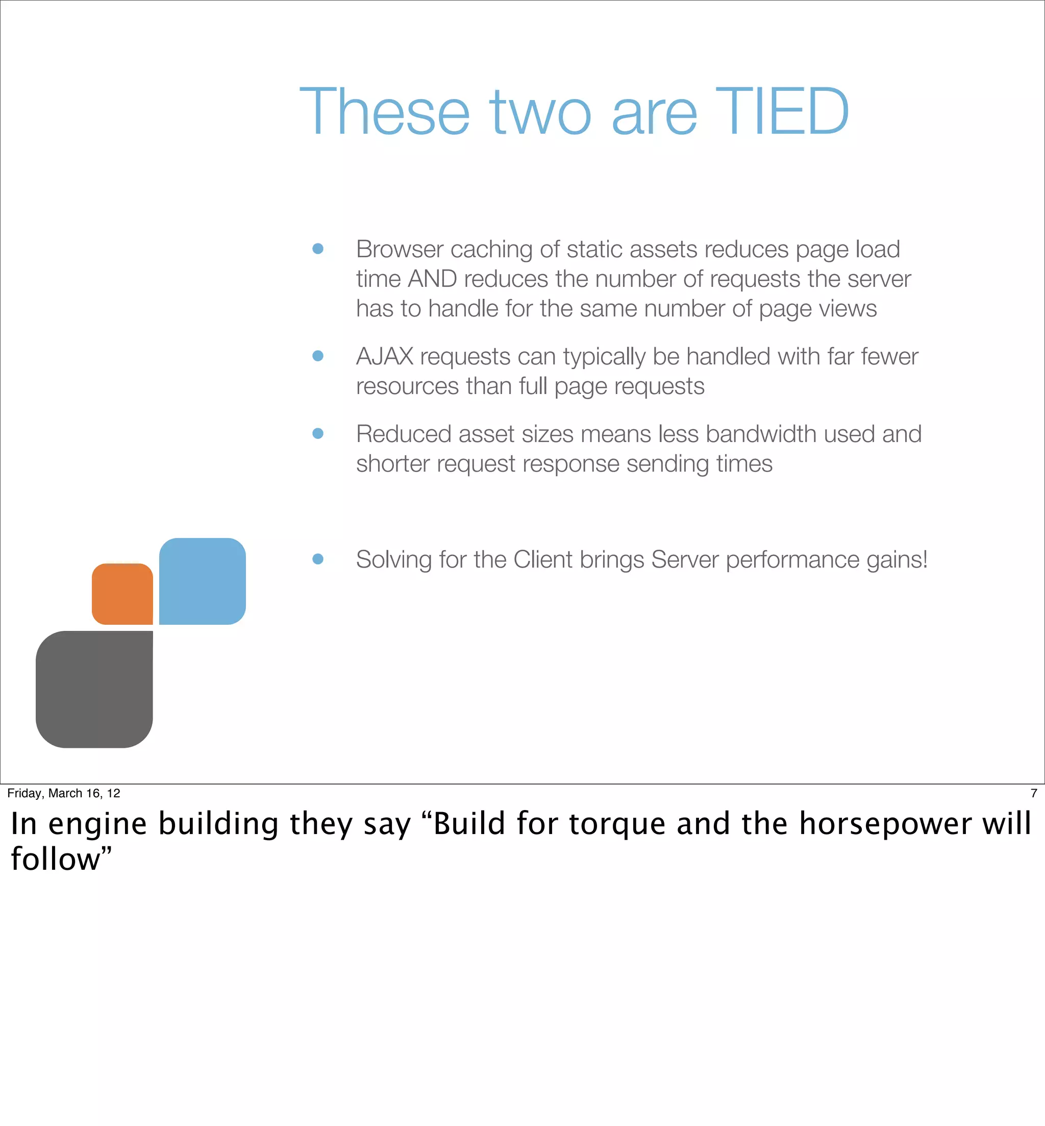 These two are TIED
                       •   Browser caching of static assets reduces page load
                           time AND reduces the number of requests the server
                           has to handle for the same number of page views

                       •   AJAX requests can typically be handled with far fewer
                           resources than full page requests

                       •   Reduced asset sizes means less bandwidth used and
                           shorter request response sending times



                       •   Solving for the Client brings Server performance gains!




Friday, March 16, 12                                                                 7


In engine building they say “Build for torque and the horsepower will
follow”
 