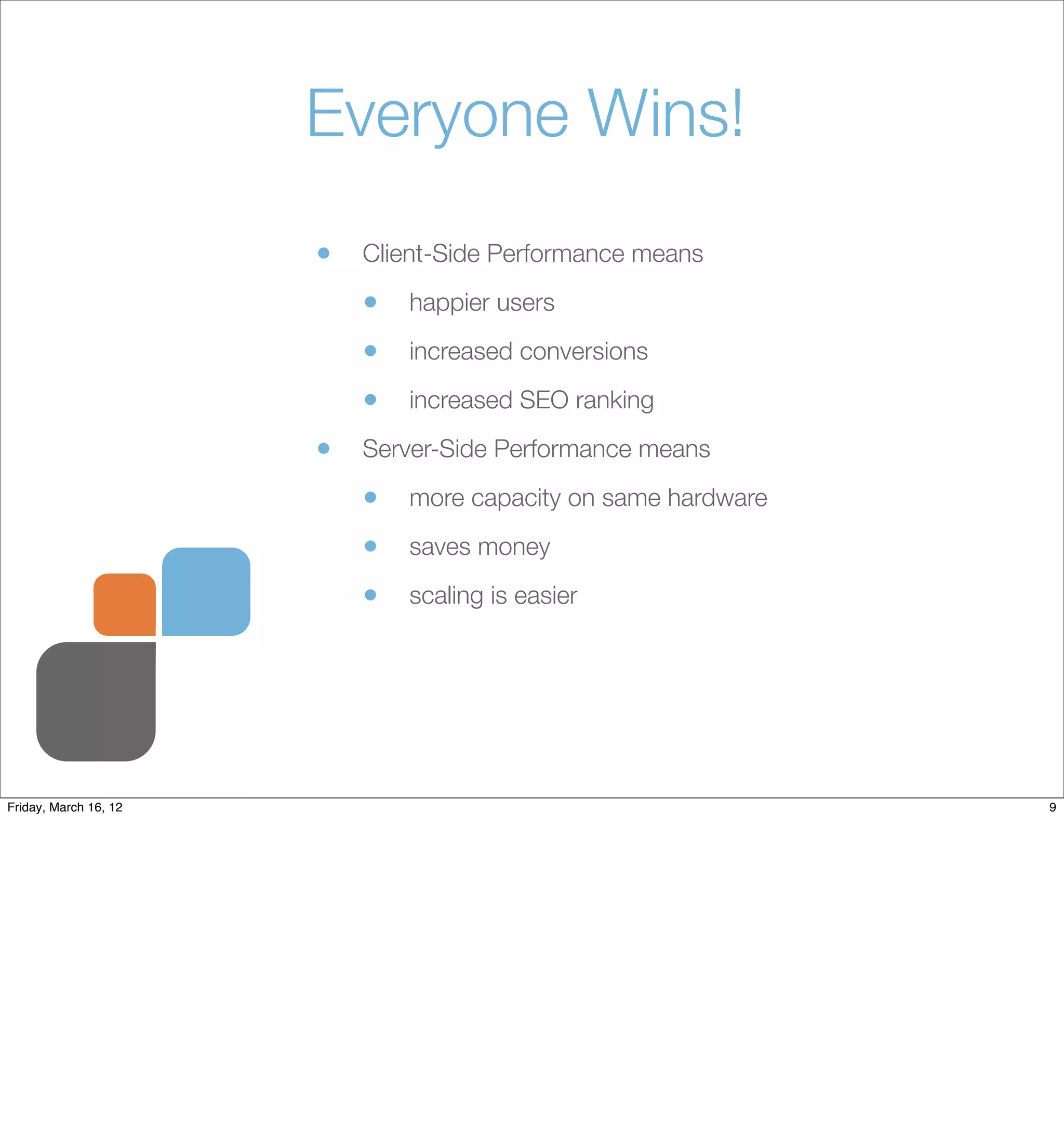 Everyone Wins!
                       •   Client-Side Performance means

                           •   happier users

                           •   increased conversions

                           •   increased SEO ranking

                       •   Server-Side Performance means

                           •   more capacity on same hardware

                           •   saves money

                           •   scaling is easier




Friday, March 16, 12                                            9
 