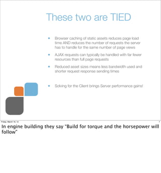 These two are TIED
                       •   Browser caching of static assets reduces page load
                           time AND reduces the number of requests the server
                           has to handle for the same number of page views

                       •   AJAX requests can typically be handled with far fewer
                           resources than full page requests

                       •   Reduced asset sizes means less bandwidth used and
                           shorter request response sending times



                       •   Solving for the Client brings Server performance gains!




Friday, March 16, 12                                                                 7


In engine building they say “Build for torque and the horsepower will
follow”
 