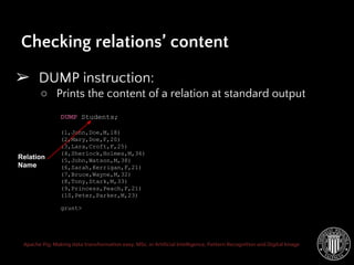 Apache Pig: Making data transformation easy. MSc. in Artificial Intelligence, Pattern Recognition and Digital Image
Checking relations’ content
➢ DUMP instruction:
○ Prints the content of a relation at standard output
DUMP Students;
(1,John,Doe,M,18)
(2,Mary,Doe,F,20)
(3,Lara,Croft,F,25)
(4,Sherlock,Holmes,M,36)
(5,John,Watson,M,38)
(6,Sarah,Kerrigan,F,21)
(7,Bruce,Wayne,M,32)
(8,Tony,Stark,M,33)
(9,Princess,Peach,F,21)
(10,Peter,Parker,M,23)
grunt>
Relation
Name
 