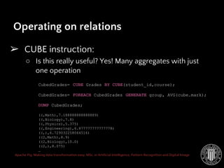 Apache Pig: Making data transformation easy. MSc. in Artificial Intelligence, Pattern Recognition and Digital Image
➢ CUBE instruction:
○ Is this really useful? Yes! Many aggregates with just
one operation
Operating on relations
CubedGrades= CUBE Grades BY CUBE(student_id,course);
CubedGrades= FOREACH CubedGrades GENERATE group, AVG(cube.mark);
DUMP CubedGrades;
((,Math),7.188888888888889)
((,Biology),7.8)
((,Physics),5.375)
((,Engineering),6.877777777777778)
((,),6.729032258064516)
((2,Math),8.9)
((2,Biology),10.0)
((2,),8.075)
…
 
