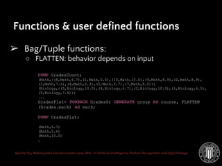 Apache Pig: Making data transformation easy. MSc. in Artificial Intelligence, Pattern Recognition and Digital Image
➢ Bag/Tuple functions:
○ FLATTEN: behavior depends on input
Functions & user defined functions
DUMP GradesCount;
(Math,{(8,Math,6.7),(1,Math,5.6),(10,Math,10.0),(9,Math,8.9),(2,Math,8.9),
(3,Math,7.1),(4,Math,2.3),(5,Math,6.7),(7,Math,8.5)})
(Biology,{(5,Biology,10.0),(4,Biology,6.7),(2,Biology,10.0),(1,Biology,4.5),
(9,Biology,7.8)})
...
GradesFlat= FOREACH GradesGr GENERATE group AS course, FLATTEN
(Grades.mark) AS mark;
DUMP GradesFlat;
(Math,6.7)
(Math,5.6)
(Math,10.0)
…
 