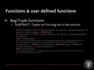 Apache Pig: Making data transformation easy. MSc. in Artificial Intelligence, Pattern Recognition and Digital Image
➢ Bag/Tuple functions:
○ SUBTRACT: Tuples on first bag not in the second
Functions & user defined functions
SPLIT Students INTO StudentsUnder25 IF age<25, StudentsUnder20 IF
age<20, OtherStudents OTHERWISE;
StudentsCoGr = GROUP StudentsUnder25 BY gender, StudentsUnder20
BY gender;
DUMP StudentsCoGr
(F,{(9,Princess,Peach,F,21),(6,Sarah,Kerrigan,F,21),(2,Mary,Doe,F,20)},{)
(M,{(10,Peter,Parker,M,23),(1,John,Doe,M,18)},{(1,John,Doe,M,18)})
StudentsSub = FOREACH StudentsCoGr GENERATE group, SUBTRACT(
StudentsUnder25, StudentsUnder20 );
DUMP StudentsSub;
(F,{(2,Mary,Doe,F,20),(6,Sarah,Kerrigan,F,21),(9,Princess,Peach,F,21)})
(M,{(10,Peter,Parker,M,23)})
 