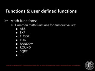 Apache Pig: Making data transformation easy. MSc. in Artificial Intelligence, Pattern Recognition and Digital Image
➢ Math functions:
○ Common math functions for numeric values:
■ ABS
■ EXP
■ FLOOR
■ LOG
■ RANDOM
■ ROUND
■ SQRT
■ ...
Functions & user defined functions
 
