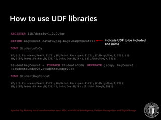 Apache Pig: Making data transformation easy. MSc. in Artificial Intelligence, Pattern Recognition and Digital Image
How to use UDF libraries
REGISTER lib/datafu-1.2.0.jar
DEFINE BagConcat datafu.pig.bags.BagConcat();
DUMP StudentsCoGr
(F,{(9,Princess,Peach,F,21),(6,Sarah,Kerrigan,F,21),(2,Mary,Doe,F,20)},{})
(M,{(10,Peter,Parker,M,23),(1,John,Doe,M,18)},{(1,John,Doe,M,18)})
StudentBagConcat = FOREACH StudentsCoGr GENERATE group, BagConcat
(StudentsUnder25,StudentsUnder20);
DUMP StudentBagConcat
(F,{(9,Princess,Peach,F,21),(6,Sarah,Kerrigan,F,21),(2,Mary,Doe,F,20)})
(M,{(10,Peter,Parker,M,23),(1,John,Doe,M,18),(1,John,Doe,M,18)})
Indicate UDF to be included
and name
 