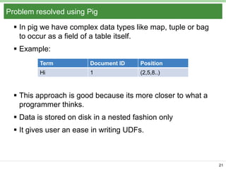 Problem resolved using Pig
 In pig we have complex data types like map, tuple or bag
to occur as a field of a table itself.
 Example:
Term

Document ID

Position

Hi

1

(2,5,8..)

 This approach is good because its more closer to what a
programmer thinks.
 Data is stored on disk in a nested fashion only
 It gives user an ease in writing UDFs.

21

 