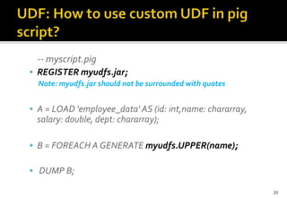 -- myscript.pig
 REGISTER myudfs.jar;
Note: myudfs.jar should not be surrounded with quotes

 A = LOAD 'employee_data' AS (id: int,name: chararray,

salary: double, dept: chararray);
 B = FOREACH A GENERATE myudfs.UPPER(name);
 DUMP B;
35

 
