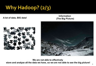 A lot of data, BIG data!

Information
(The Big Picture)

We are not able to effectively
store and analyze all the data we have, so we are not able to see the big picture!

5

 