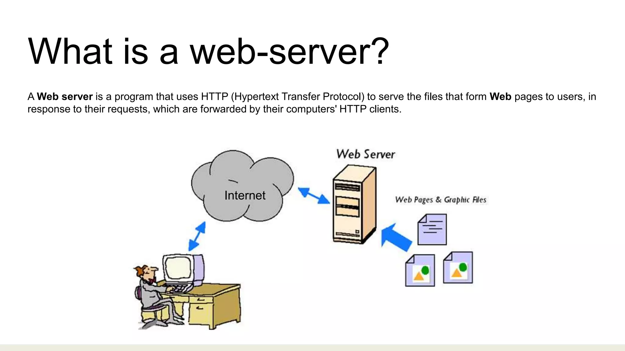What is a web-server?
A Web server is a program that uses HTTP (Hypertext Transfer Protocol) to serve the files that form Web pages to users, in
response to their requests, which are forwarded by their computers' HTTP clients.
Internet
 