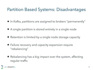Partition Based Systems: Disadvantages
• In Kafka, partitions are assigned to brokers “permanently”
• A single partition is stored entirely in a single node
• Retention is limited by a single node storage capacity
• Failure recovery and capacity expansion require
“rebalancing”
• Rebalancing has a big impact over the system, affecting
regular trafﬁc
17
 