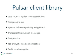Pulsar client library
• Java — C++ — Python — WebSocket APIs
• Partitioned topics
• Apache Kafka compatibility wrapper API
• Transparent batching of messages
• Compression
• TLS encryption and authentication
• End-to-end encryption
23
 