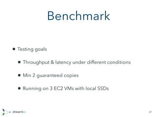 Benchmark
• Testing goals
• Throughput & latency under different conditions
• Min 2 guaranteed copies
• Running on 3 EC2 VMs with local SSDs
27
 