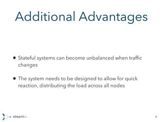 Additional Advantages
• Stateful systems can become unbalanced when trafﬁc
changes
• The system needs to be designed to allow for quick
reaction, distributing the load across all nodes
6
 