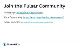 Join the Pulsar Community
https://pulsar-summit.org/en/event/virtual-conference-2020
 
