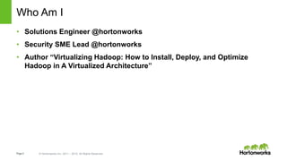 Page2 © Hortonworks Inc. 2011 – 2015. All Rights Reserved
Who Am I
• Solutions Engineer @hortonworks
• Security SME Lead @hortonworks
• Author “Virtualizing Hadoop: How to Install, Deploy, and Optimize
Hadoop in A Virtualized Architecture”
 