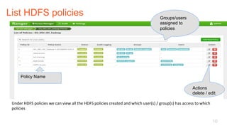 List HDFS policies
10
Under	HDFS	policies	we	can	view	all	the	HDFS	policies	created	and	which	user(s)	/	group(s)	has	access	to	which	
policies			
Actions
delete / edit
Policy Name
Groups/users
assigned to
policies
 
