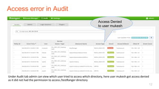 Access error in Audit
12
Under	Audit	tab	admin	can	view	which	user	tried	to	access	which	directory,	here	user	mukesh	got	access	denied	
as	it	did	not	had	the	permission	to	access	/testRanger	directory	
Access Denied
to user mukesh
 