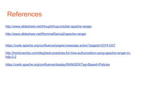 References
http://www.slideshare.net/trihug/trihug-october-apache-ranger
http://www.slideshare.net/RommelGarcia2/apache-ranger
https://cwiki.apache.org/confluence/pages/viewpage.action?pageId=53741207
http://hortonworks.com/blog/best-practices-for-hive-authorization-using-apache-ranger-in-
hdp-2-2
https://cwiki.apache.org/confluence/display/RANGER/Tag+Based+Policies
 