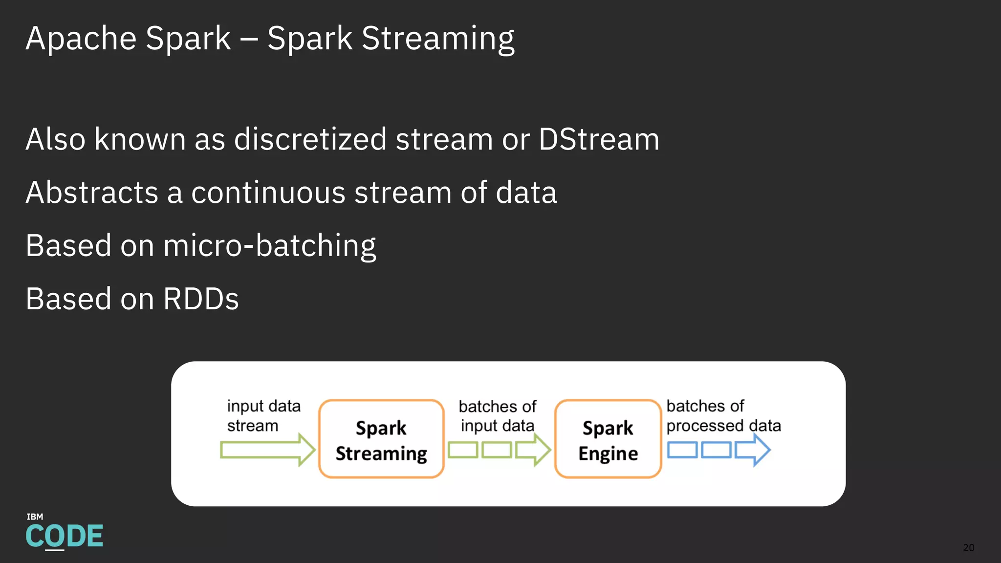 Apache Spark – Spark Streaming
Also known as discretized stream or DStream
Abstracts a continuous stream of data
Based on micro-batching
Based on RDDs
20
 