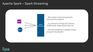 Apache Spark – Spark Streaming
19
Spark
Streaming
Micro-batch event processing for
near-real time analytics
e.g. Internet of Things (IoT) devices,
Twitter feeds, Kafka (event hub), etc.
No multi-threading or parallel process
programming required
 